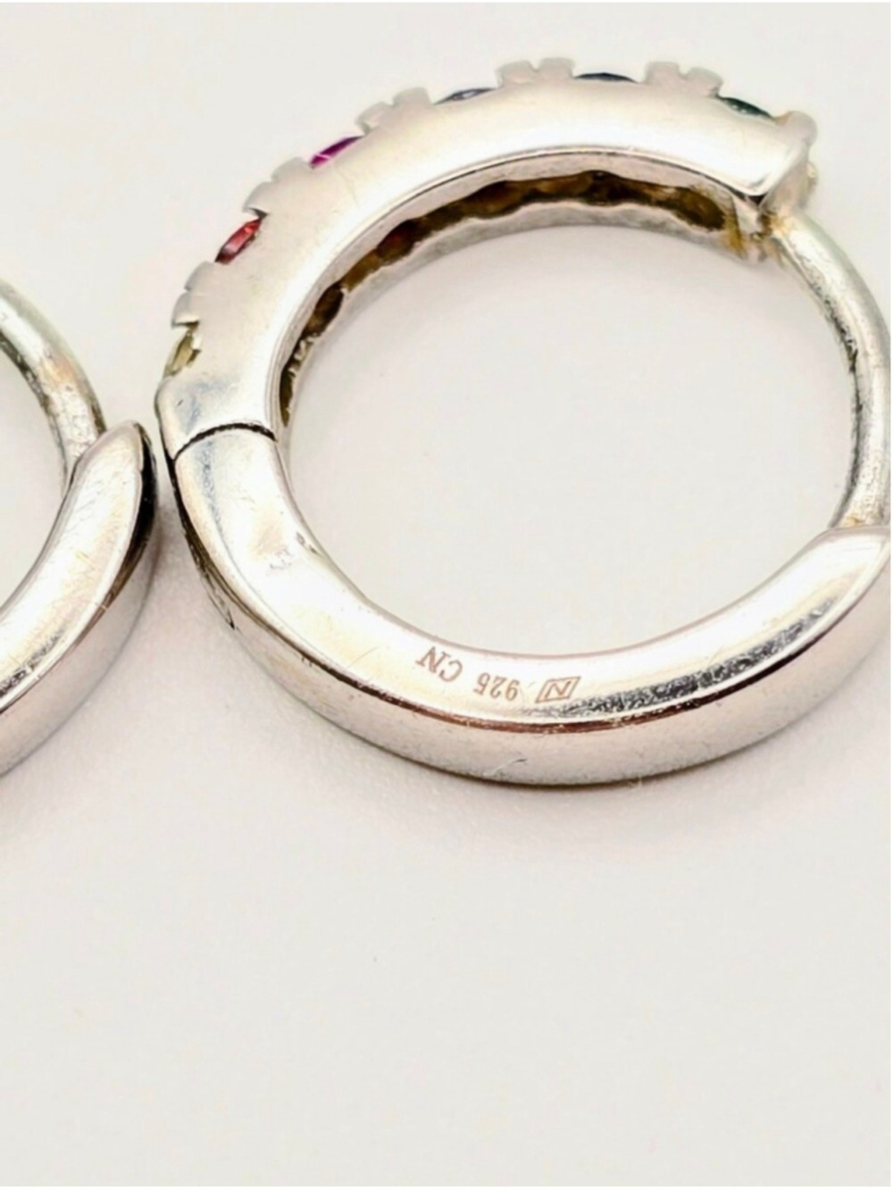 Sterling Silver Hoop Earrings Multicolor Gemstones - Picture 2 of 5